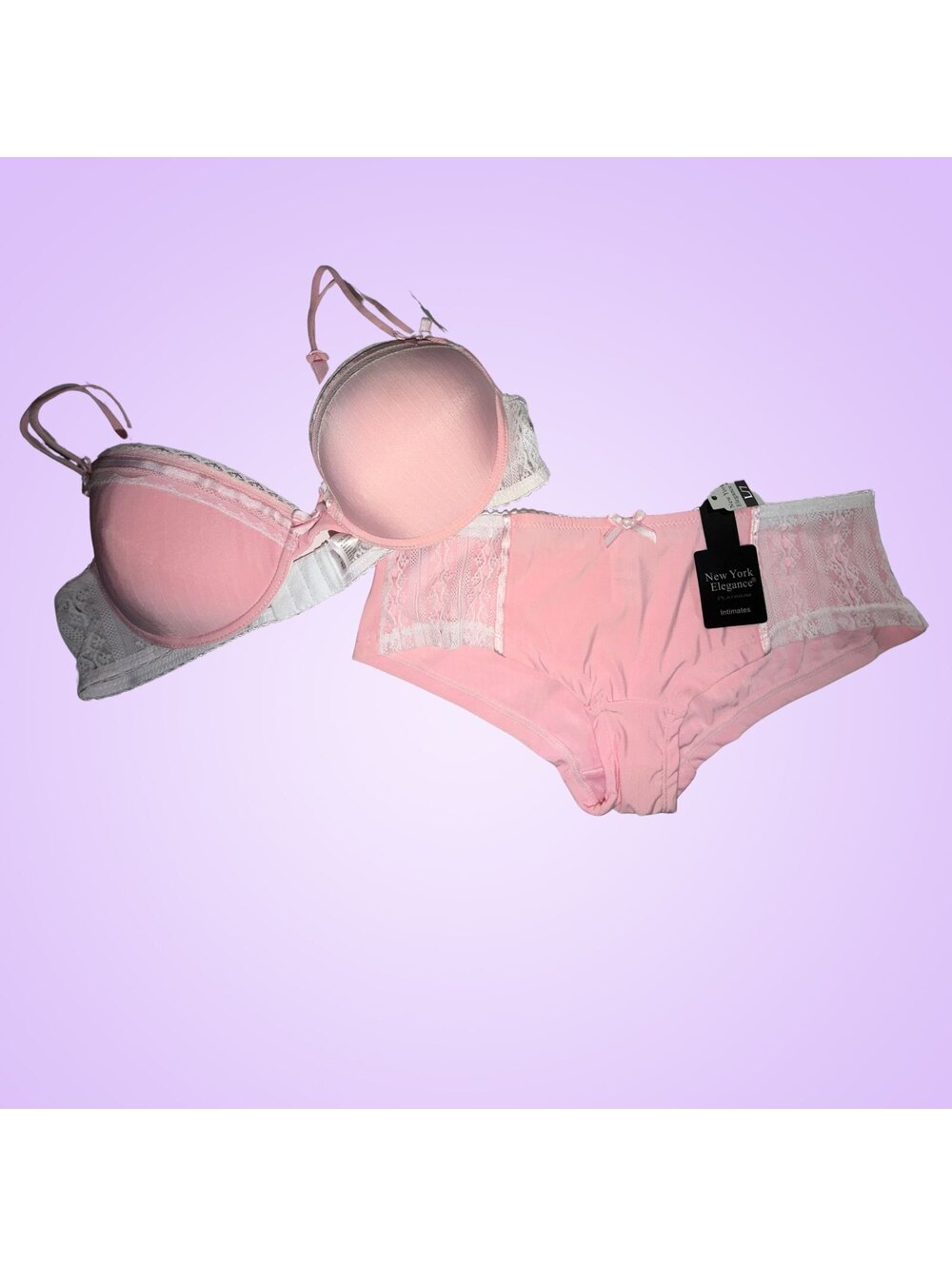 NWT New York Elegance Platinum Pink Lace Underwire Bra 36B Panty L/7 2pc Set